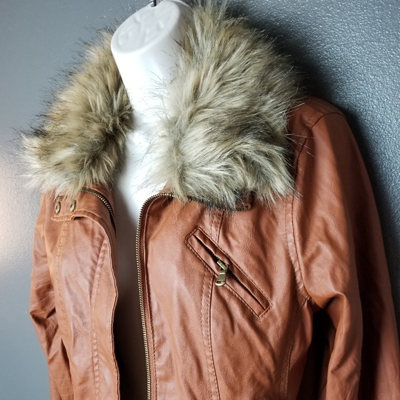 NWT Wet Seal Fur Lined Collar Tan Leather Jacket - Picture 4 of 6